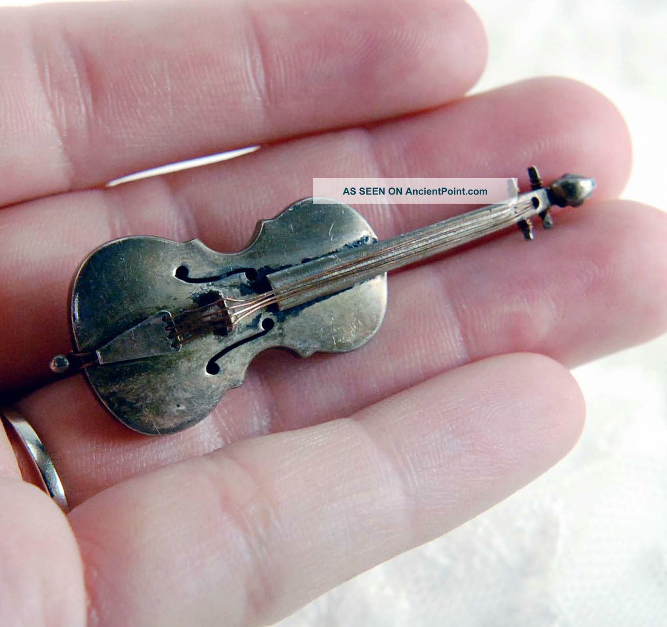 Rare Antique Sterling Silver Violin Pin Highly Detailed Copper Strings Pre - 1948 String photo