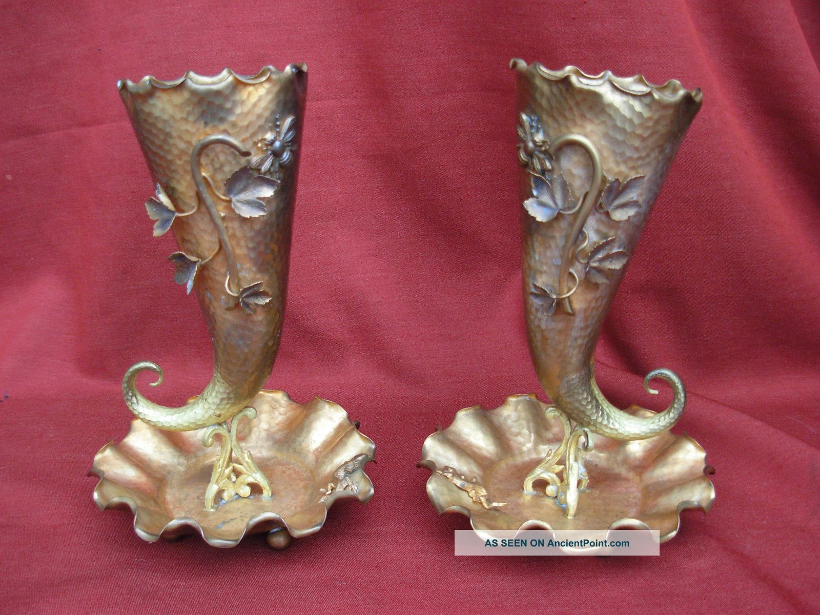 Amazing Pair Of Antique French Brass Cornet Vase,  Art Nouveau Metalware photo