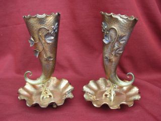 Amazing Pair Of Antique French Brass Cornet Vase,  Art Nouveau photo