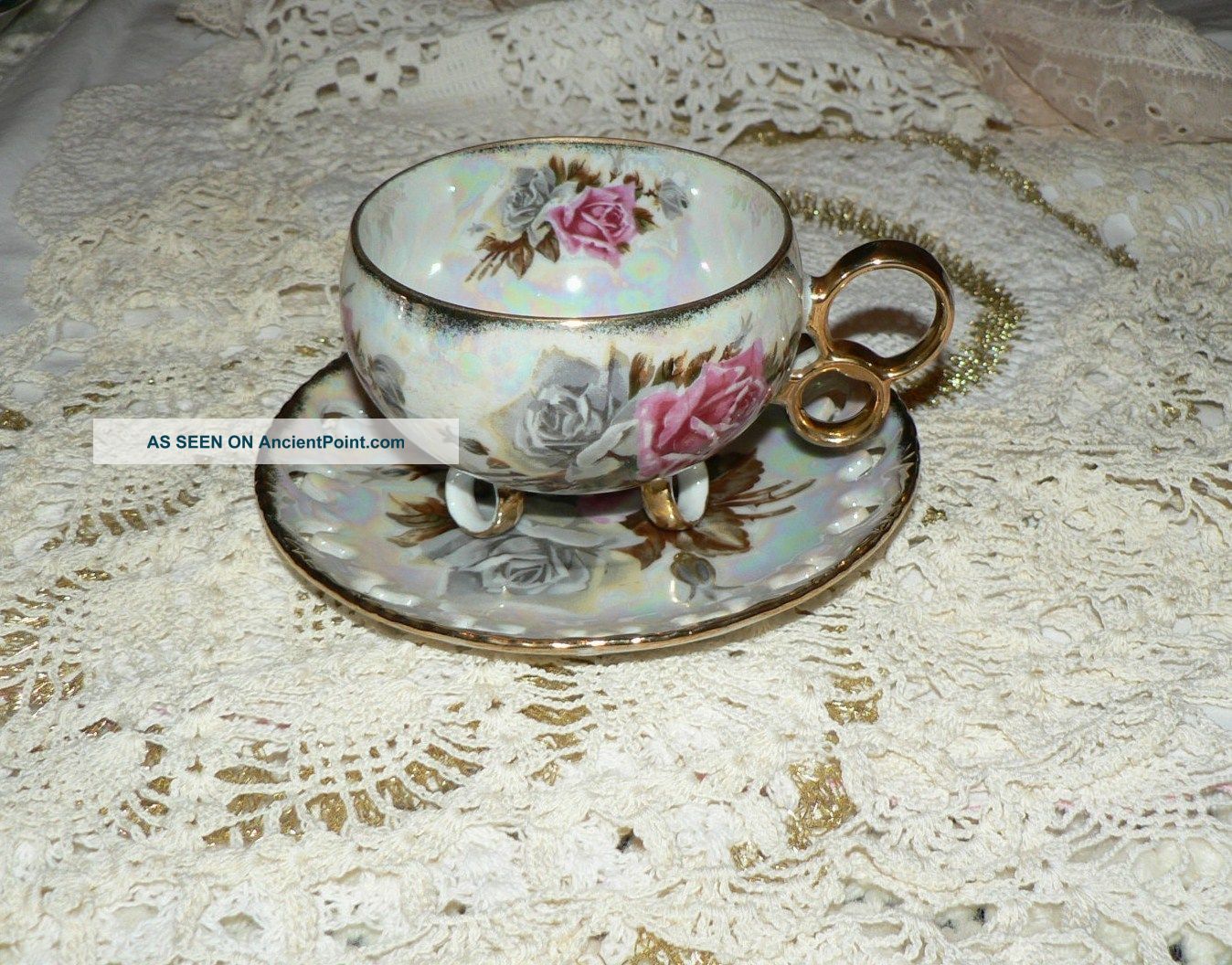 Royal Sealy China Iridescent With Roses Tri - Footed Tea Cup & Saucer Set / Japan Cups & Saucers photo