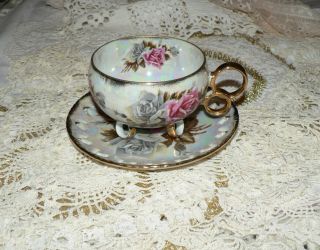 Royal Sealy China Iridescent With Roses Tri - Footed Tea Cup & Saucer Set / Japan photo