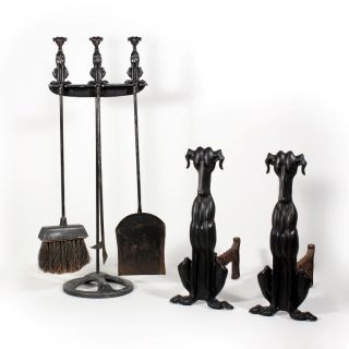 Art Deco Set Of Antique Figural Dog Andirons,  Matching Fireplace Tools Nand6 photo