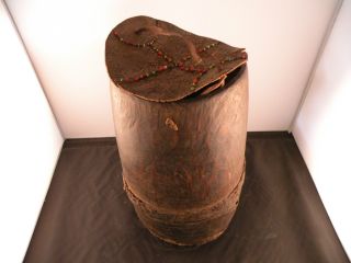 Old African Wood & Leather Bucket,  Grain Box,  Storage Container With Beaded Lid photo