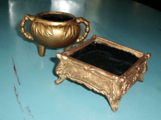 Vintage Goldplated Art Nouveau Trinket Dresser Vanity Box Ring Dish Of 2 photo