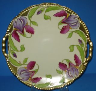 Antique Art Nouveau Porcelain Cake Plate Prussia Hand Painted Irises Gilt Signed photo