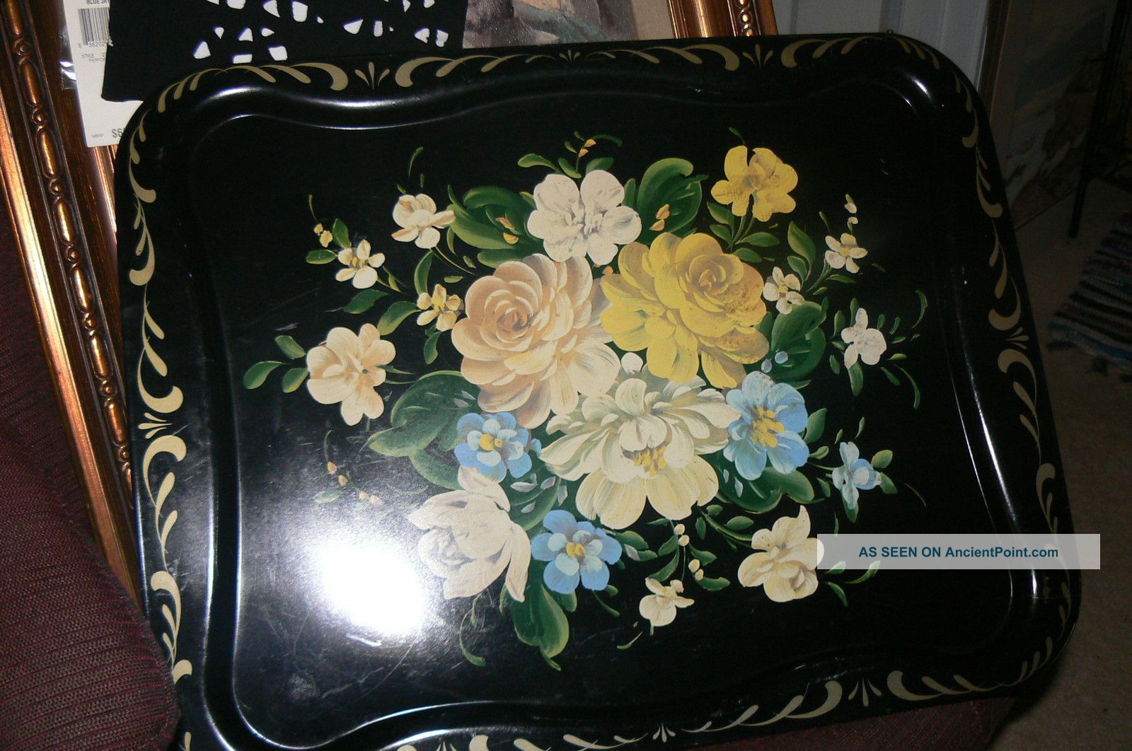 Vintage Hand Painted Black Yellow Roses Blue Tole Metal Rectangle Largetray Toleware photo