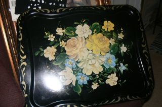 Vintage Hand Painted Black Yellow Roses Blue Tole Metal Rectangle Largetray photo