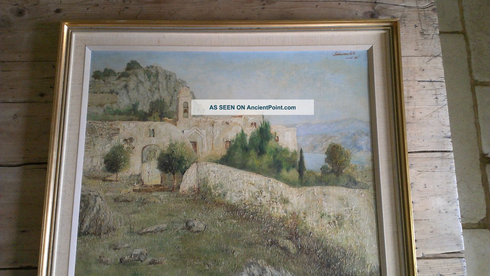 Fabulous Retro Framed Landscape Sunny Mountain Monastery Oil Painting Signed Mid-Century Modernism photo