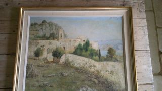 Fabulous Retro Framed Landscape Sunny Mountain Monastery Oil Painting Signed photo