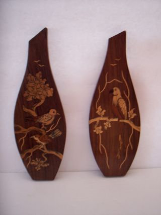 Vintage Wood Inlay Bird Parrot Sparrow Wall Hanging Plaque Marquetry India 1960s photo
