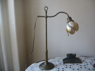 Vintage Art Nouveau Nautilus Seashell Shell Shade Brass Desk Lamp photo