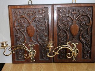 Art Nouveau Pair Carved Oak Plaques With Brass Candle Holder Circa 1900 photo