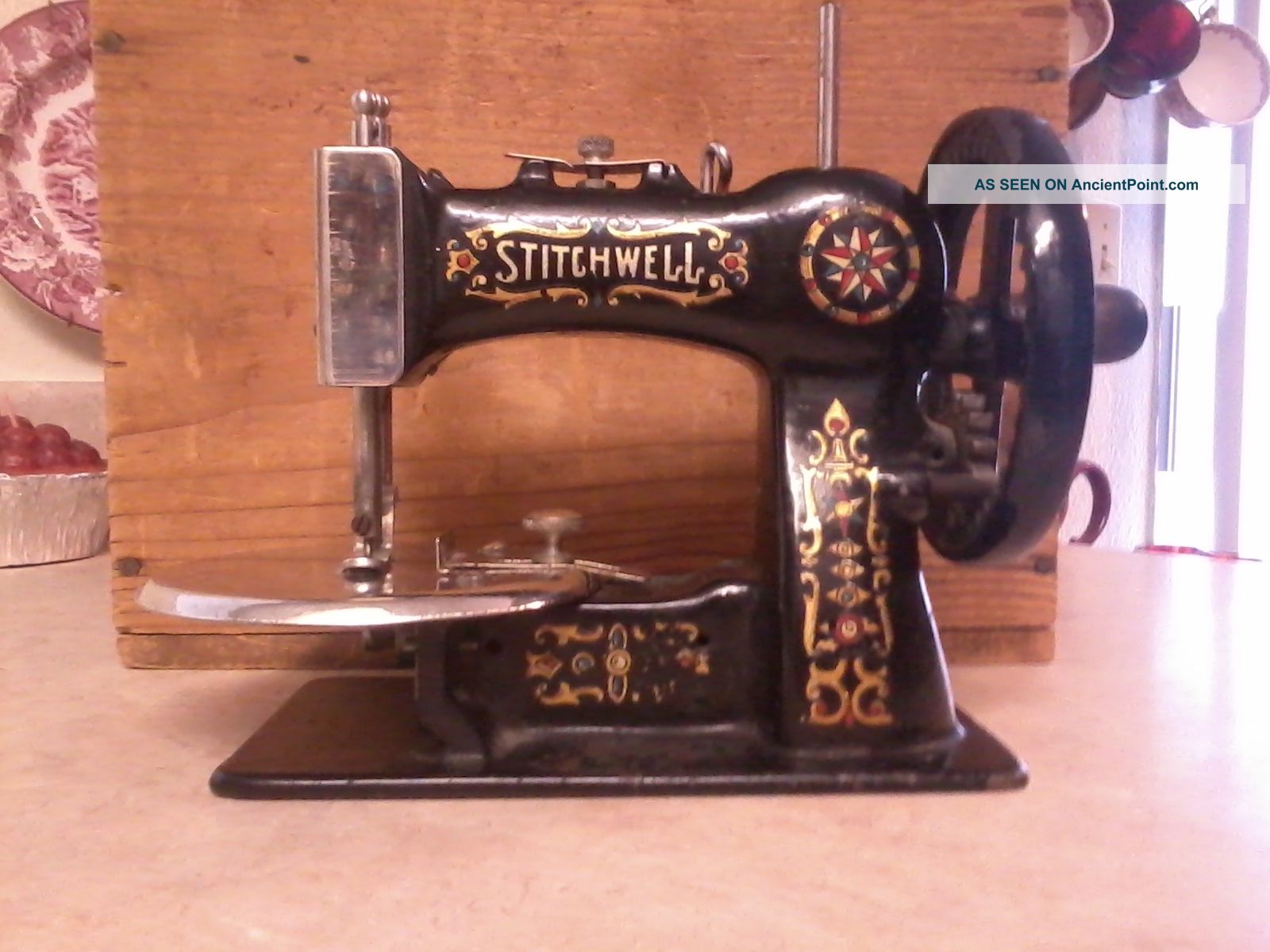 Stitchwell Antique Child ' S Sewing Machine - Wooden Box,  Clamp,  Spool Works Sewing Machines photo