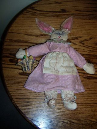 Primitive Handmade Bunny Doll W.  Basket Of Eggs. .  Detail. . . . . . photo