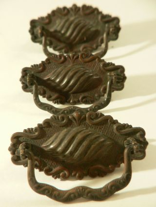 Antique Victorian Of 3 Ornate Brass Solid Stamped Drawer Pulls photo