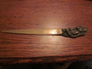Antique Art Nouveau Two Hounds Red Bronze Letter Opener,  Great Aged Patina photo