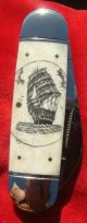 Hand Done,  Nautical Scrimshaw Art,  Sailing Ship,  Bone Folding Knife/knives Scrimshaws photo 1