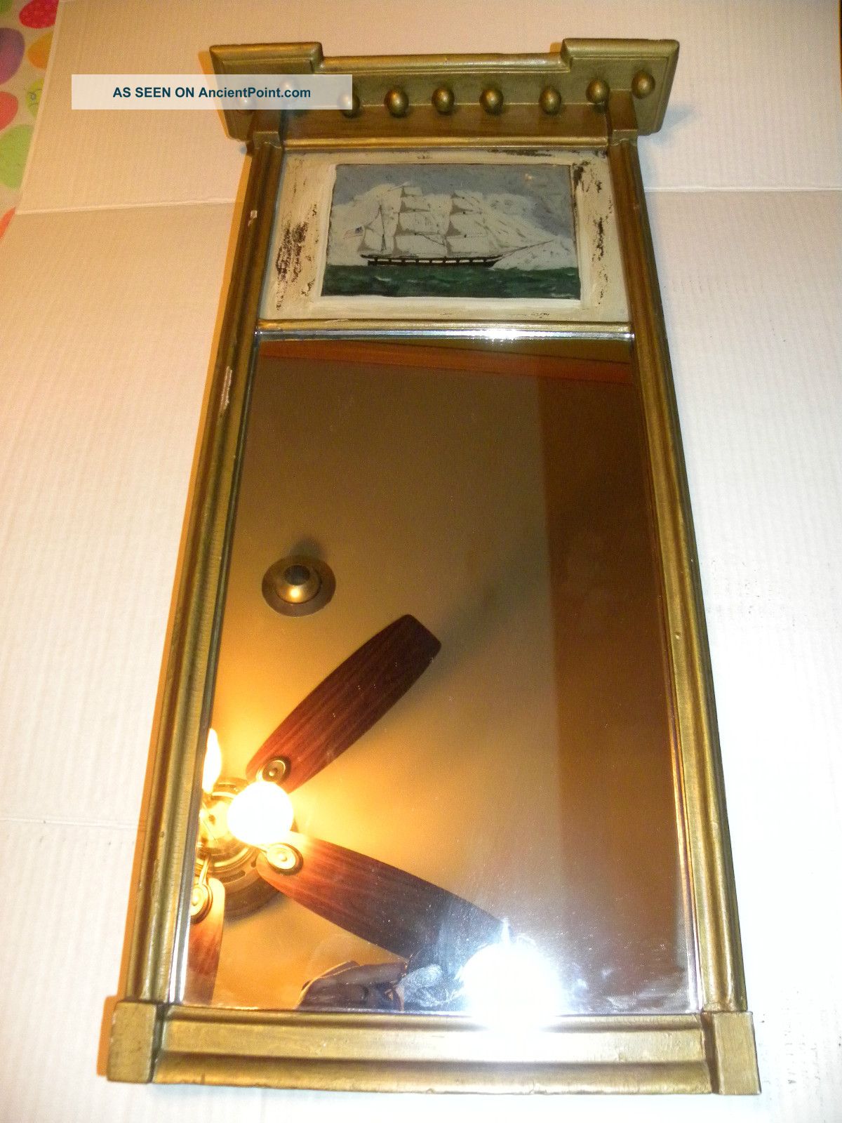 Antique Maritime Folk Art Painting W/ Mirror Wood Frame Americana Seascape Folk Art photo