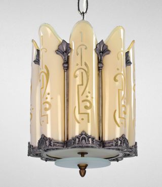 Art Deco Antique Chandelier Lantern Slip Shade Slipper Shade Vintage Silver photo