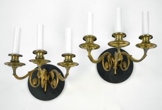 Antique Sconces Pair Gold Bronze Brass French Empire Vintage Black Ornate Wall photo