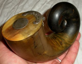Antique 1771 Horn Snuff Mull W/ Silver Plate & Brass Heart Rare Piece photo
