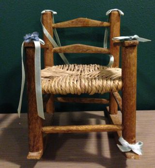 Primitive Vintage Wood Rush Weaved Woven Baby Doll Toy Rocking Rocker Chair photo