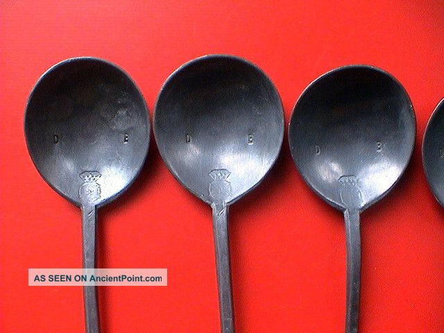Rare Complete Set Of 6 Antique Pewter Dinnerspoons With Hallmark,  19th Cent Ad Metalware photo