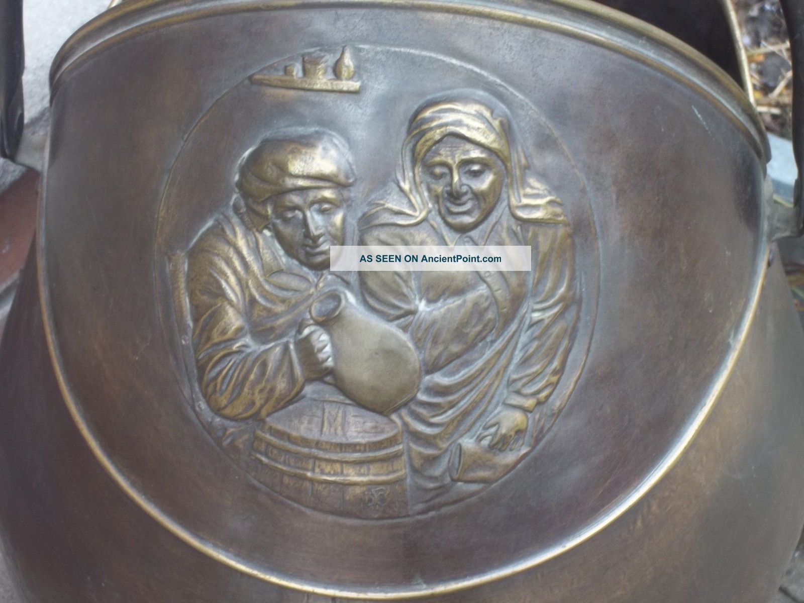 Antique Embossed Coal Scuttle Brass Belgium Bucket Ash Can Old Early Metalware photo