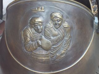 Antique Embossed Coal Scuttle Brass Belgium Bucket Ash Can Old Early photo