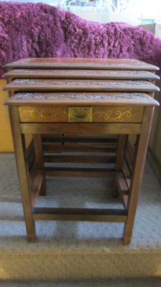 Hand Carved Nesting Tables W/brass Inlay 
