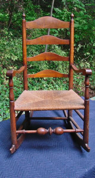 Delaware Valley 4 - Slat Ladder Back Rocking Chair,  Late 18th C Antique,  Rush Seat photo
