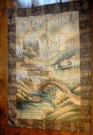 Antique Japan Japanese Tapestry Wall Hanging Embroidered Scenic 65 X 42 Inches photo