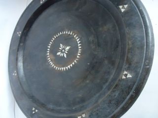 Ms35 Indonesia Moluccas Antique Wooden Carved Bowl Mother Of Pearl Inlaid 15 
