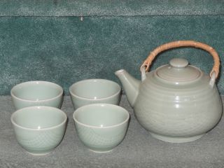 Vintage Chinese Celadon Teapot And 4 Cups photo