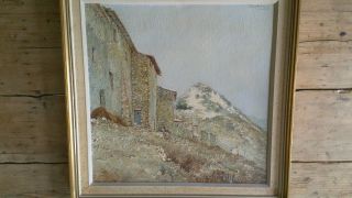Fabulous Retro Framed Landscape Sunny Mountain Village Italy Oil Painting Signed photo