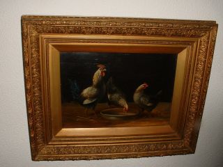 Very Old Oil Painting,  { Rooster & Chickens,  Signed,  M.  Hondecoeter} Is Antique photo