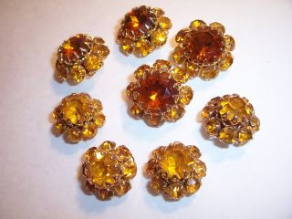 8 Antique Yellow Glass Rhinestone Buttons - All Sets Intact - No Damage photo