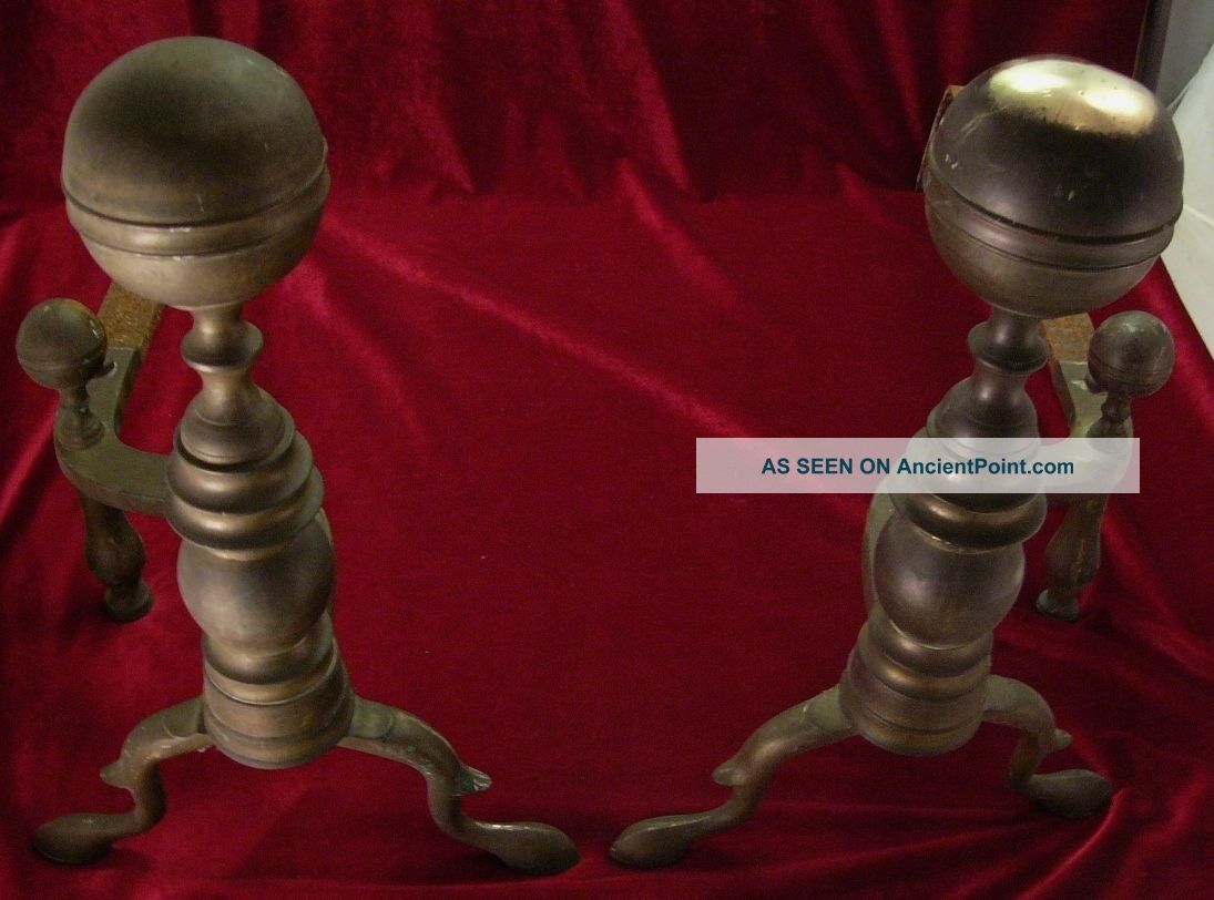 Fine Late 18th Century Federal Brass Andirons Slipper Foot Ball Top Metalware photo