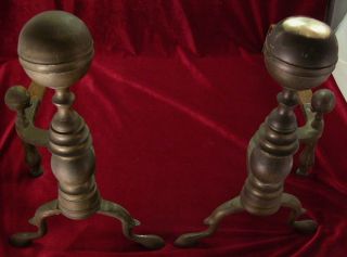 Fine Late 18th Century Federal Brass Andirons Slipper Foot Ball Top photo