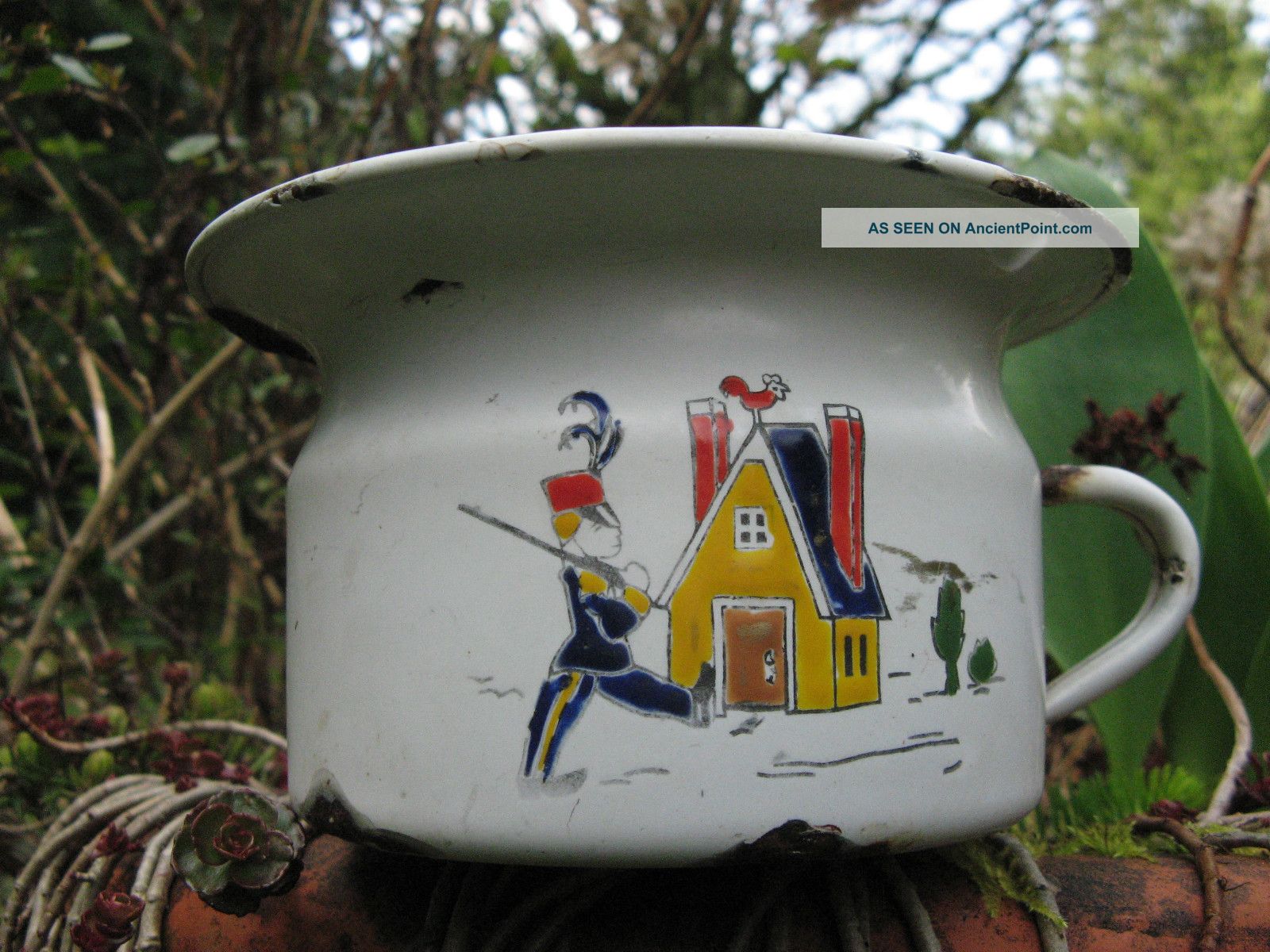 Antique & Very Shabby Child ' S Enamel Potty W/soldier Marching Czechoslovakia Primitives photo