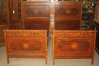 Antique Victorian Herter Brothers Inlaid Mahogany Two (2) Twin Beds And Stand photo