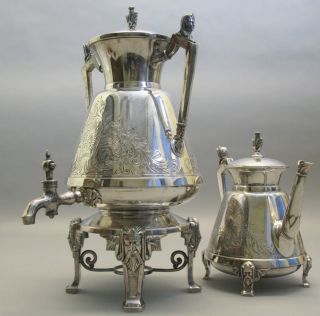 Fine Antique American Egyptian Revival Silverplate Coffee Pot & Tea Urn C.  1890 photo