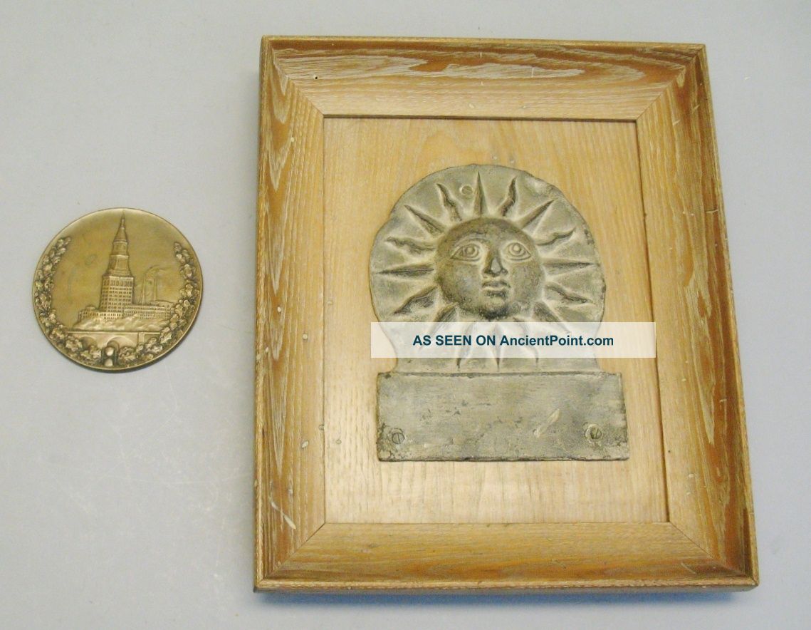 18th C.  English Bronze Sun Relief Plaque + Traveler Insurance Medallion Metalware photo