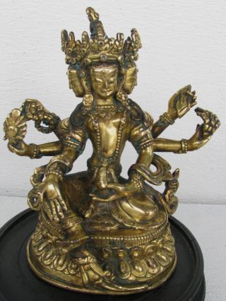 Antique Chinese Tibetan Gold Gilt Bronze 3 Head,  6 Arm Buhhda Signed : 7 