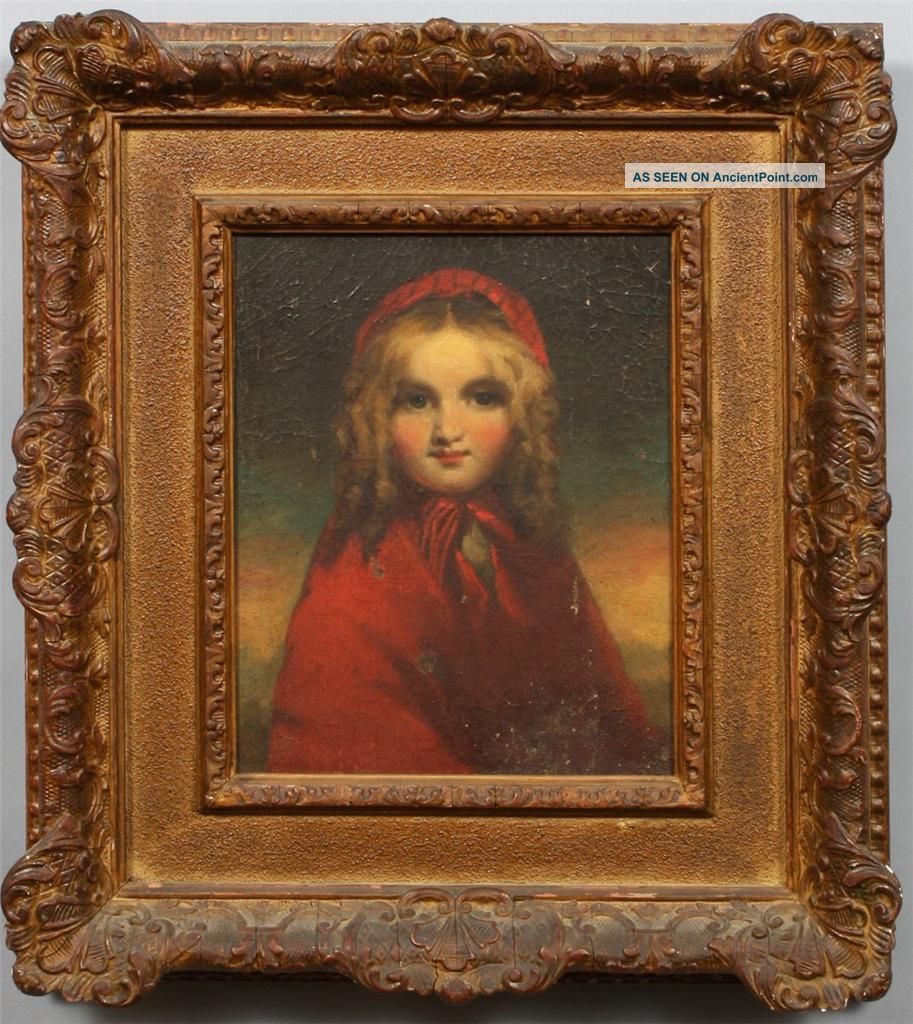 Antique American Hudson School Young Girl Sunset Portrait Folk Art Oil Painting Folk Art photo