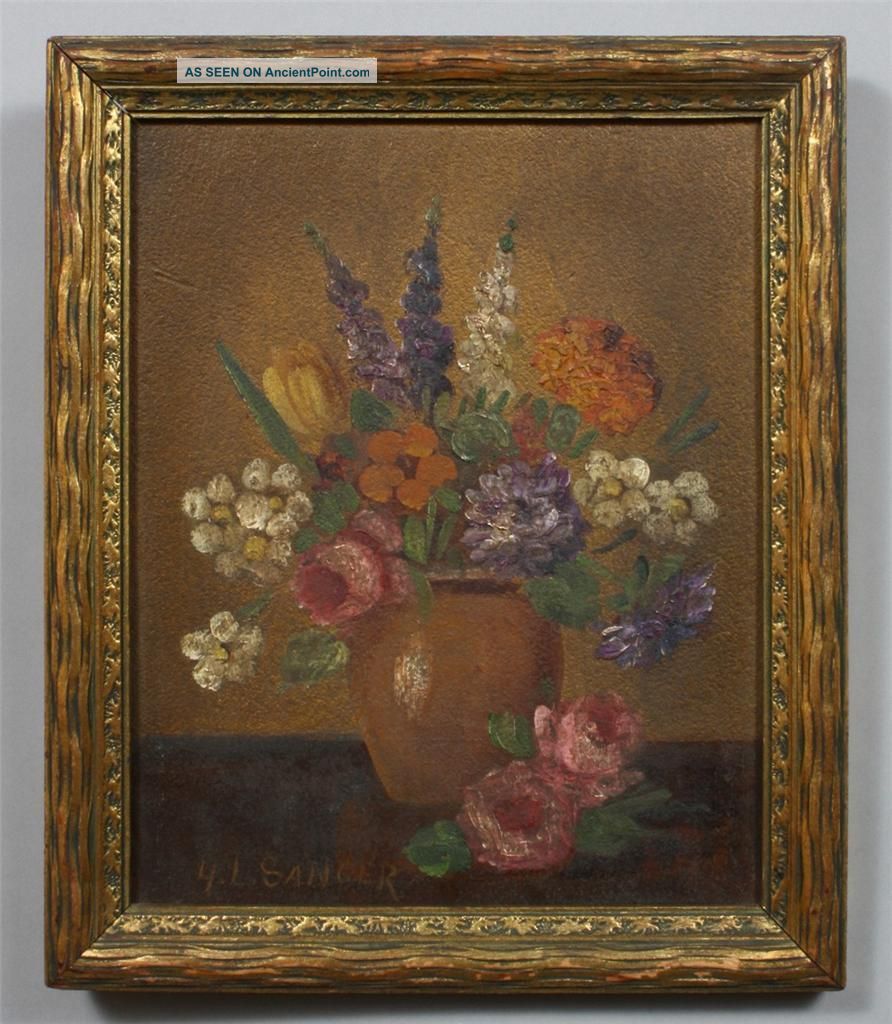 Henry Sanger Listed Antique Boston School Flower Floral Still Life Oil Painting Folk Art photo