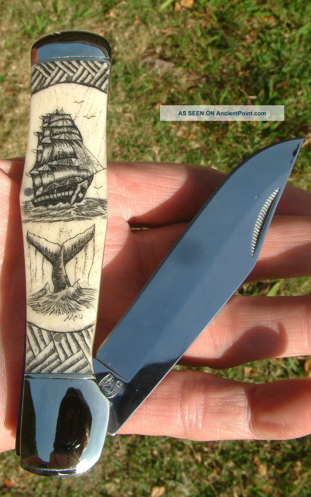 Hand - Etched Scrimshaw Art,  Ship.  Whale,  Tapa Weave,  Bone Folding Knife/knives Scrimshaws photo