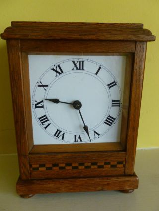 Vintage Arts And Crafts German Mantle Clock - Light Oak,  Good Working Order photo