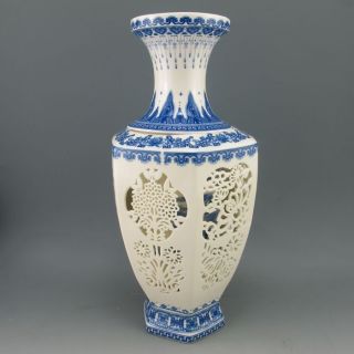 Set 2 Pieces Hollowed Chinese Blue And White Porcelain Big Vase Nr photo