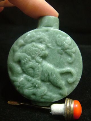 Green Jade P - 308 “tiger” Snuff Bottle Rare Chinese Antique photo
